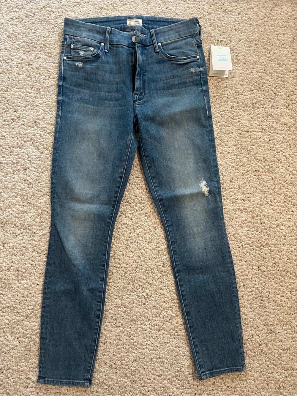 MOTHER Skinny Jeans in Blue Denim with Light Distress